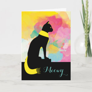 Carte Meowy Chat noir en Écharpe jaune dire Bonjour