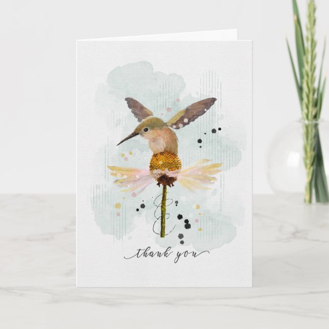 Carte Merci Aquarelle Colibri sur Fleur (Devant)