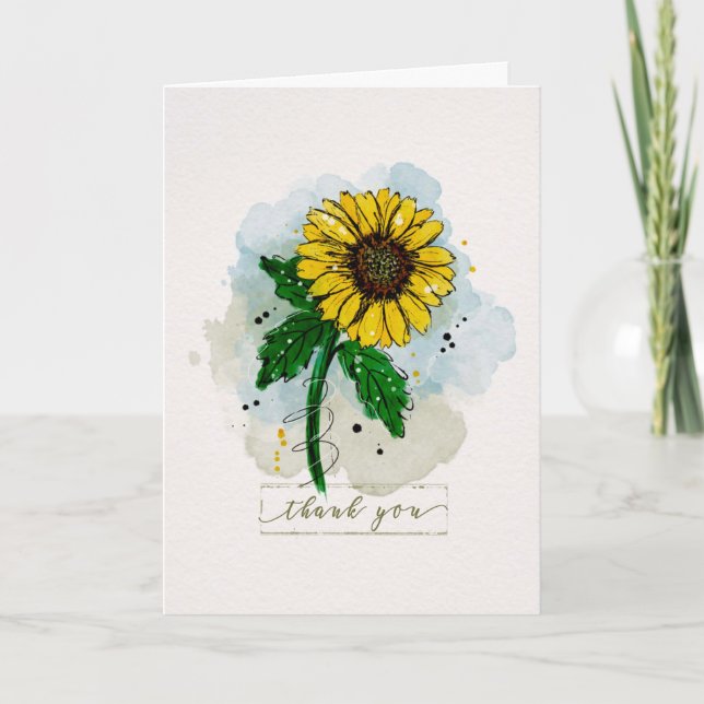 Carte Merci aquarelle SketchyDoodle tournesol (Devant)