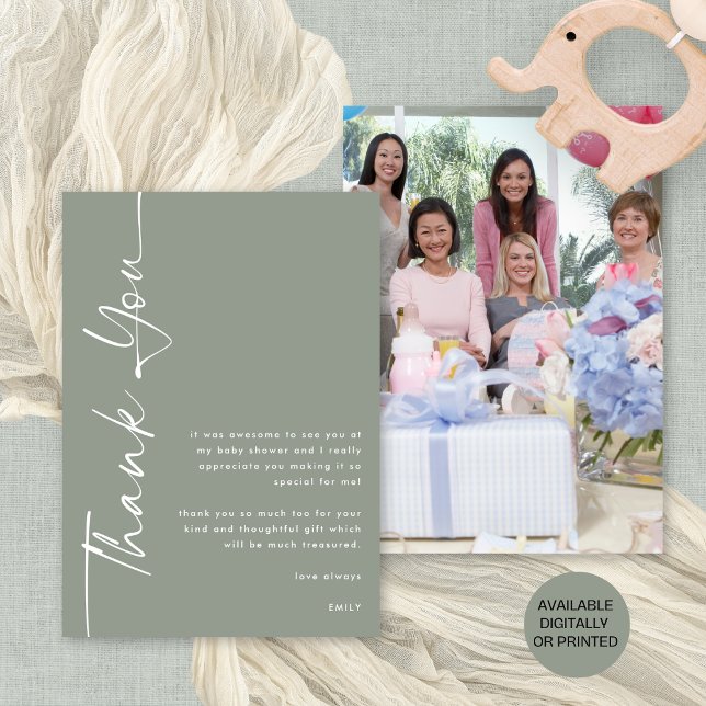 Carte Merci Baby shower de  de taille photo de script pi (Front and back view. Available digitally or printed.)