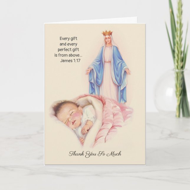 Carte Merci Bébé Fille Vierge Marie Catholique (Devant)