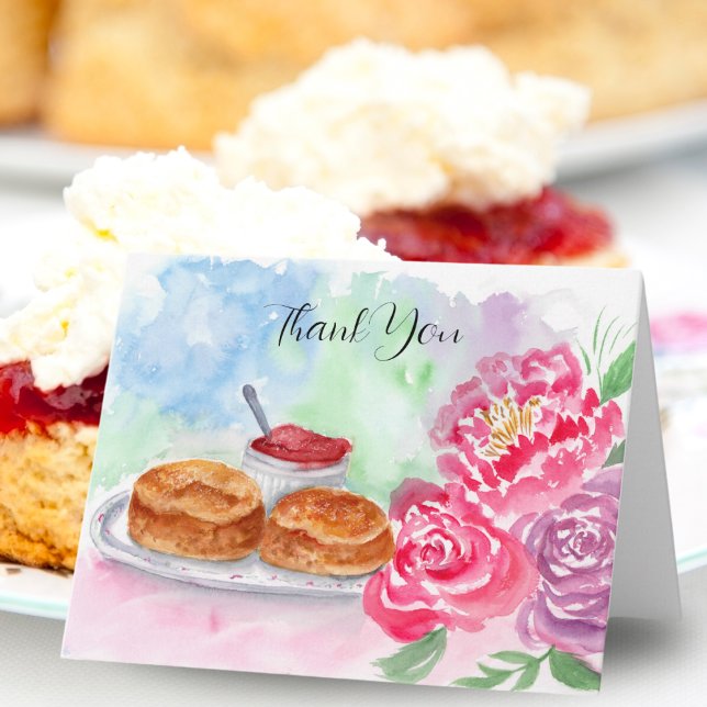 Carte Merci Biscuits Aquarelle Aux Pivoines (Express gratitude with this charming watercolor, perfect for tea lovers.)