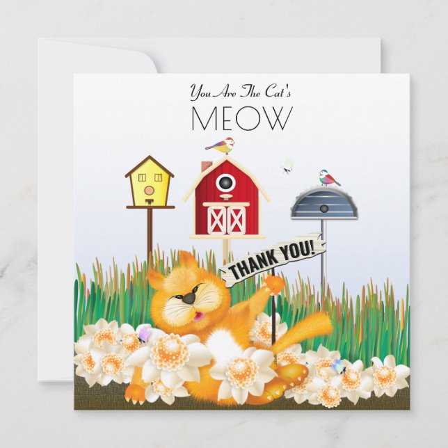 Carte Merci Chat et oiseaux dans le jardin (Devant)