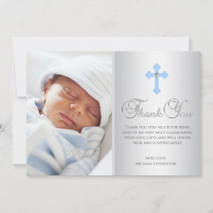 Carte MERCI Christening Communion Croix Bleu GARY