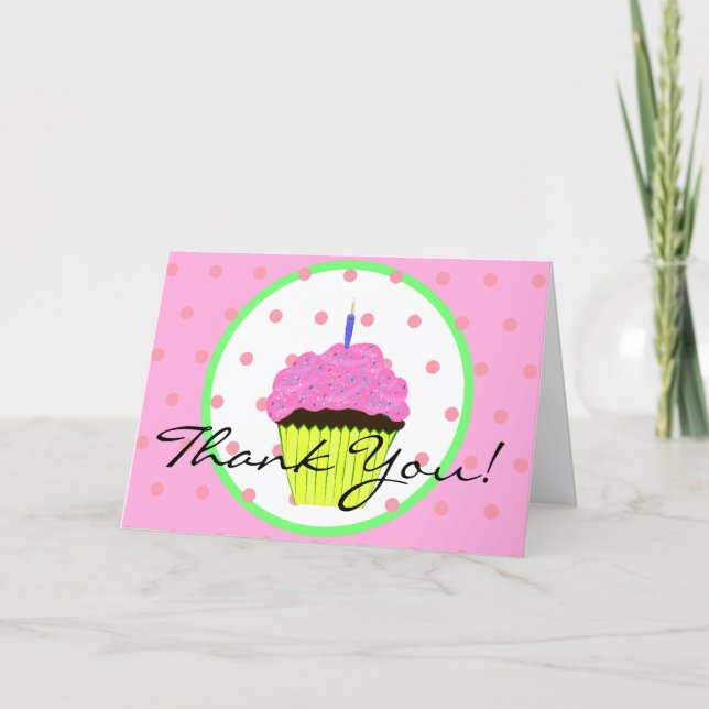 Carte Merci d'anniversaire des Pois de Cupcake rose vert (Devant)