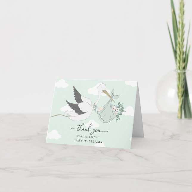 Carte Merci de Baby shower de cigogne verte à la menthe (Devant)
