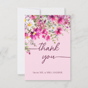 Carte Merci de calligraphie florale Fleur sauvage rose