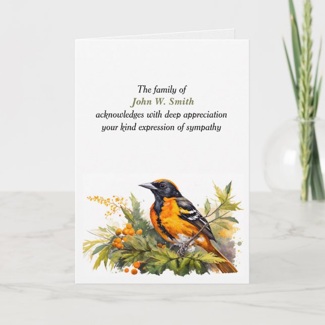 Carte Merci de sympathie de Baltimore Oriole de la famil (Devant)
