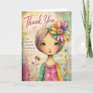 Carte Merci Fantaisiste Fille Florale Couleur