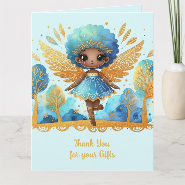 Carte Merci Fée Africaine Turquoise Gold Rose Princesse (Devant)