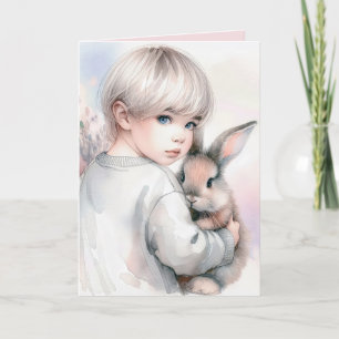 Carte Merci Fille Tenant un Lapin de Compagnie