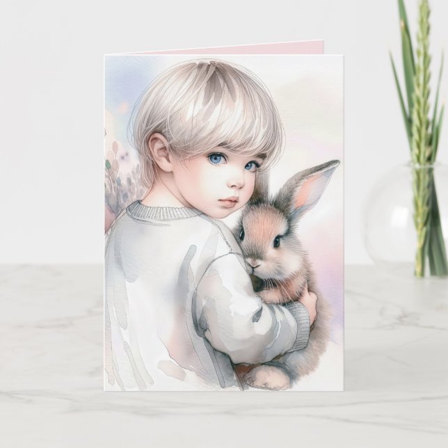 Carte Merci Fille Tenant un Lapin de Compagnie (Devant)