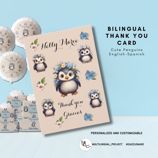 Carte Merci Gracias aux pingouins (Bilingual Thank you Gracias Card cute penguins. personalized. Multilingual Project.)