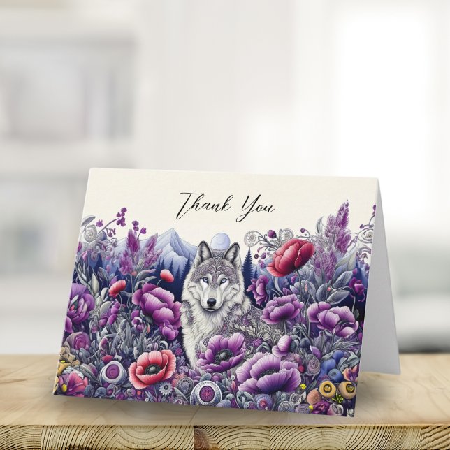 Carte Merci Loup Art Populaire Avec Coquelicots (Express gratitude with whimsical folk art, perfect for nature enthusiasts.
)