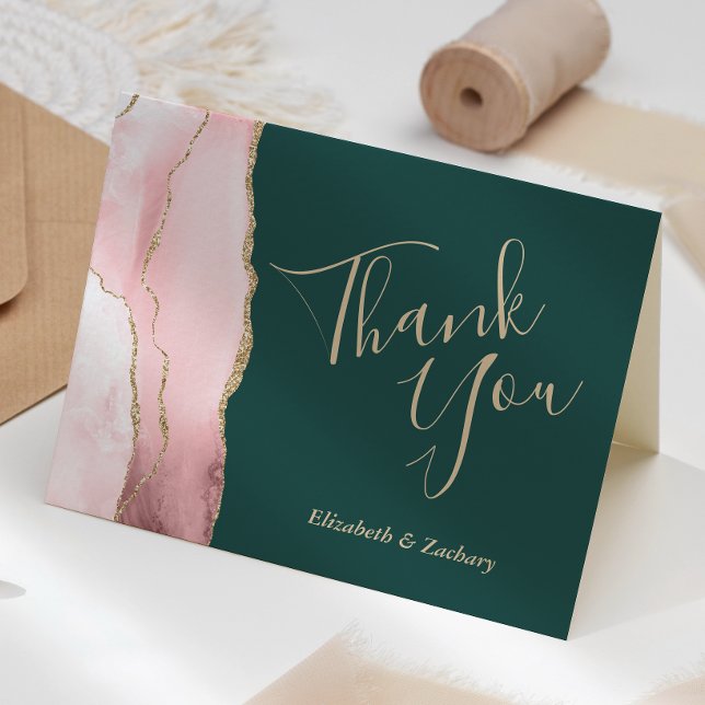 Carte Merci mariage Blush Gold Agate Emerald Green (Créateur téléchargé)