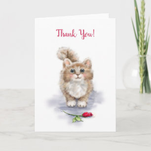 Carte Merci, mignon chat assis avec une rose rouge