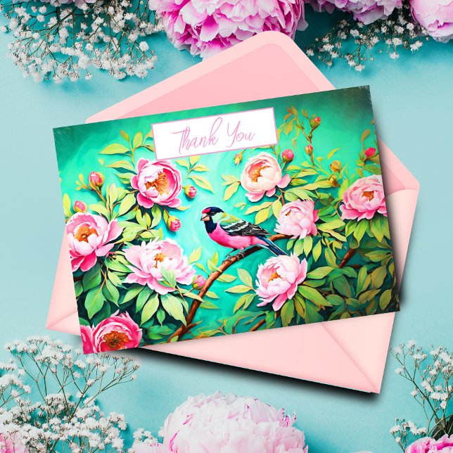 Carte Merci Peony Pine Gosbeak (Send a heartfelt thank you with this beautiful botanical thank you card created by ai artwork.)