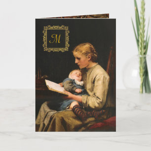 Carte Mère avec son bébé Monogramme Or Vintage