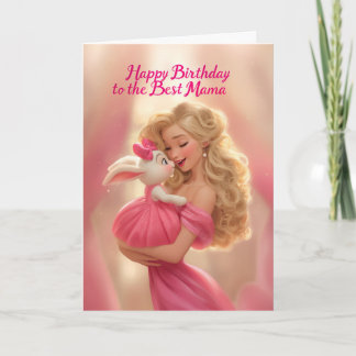 Carte Mère blonde avec bébé lapin en rose vif pour anniv