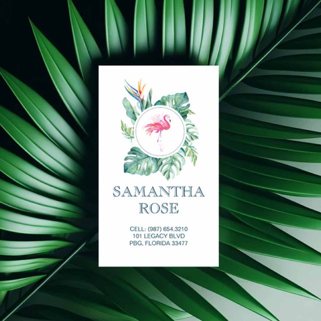 Carte mère côtière Flamant rose rose (Girly business cards feature watercolor pink flamingo & tropical palm leaf art Victoria Grigaliunas)