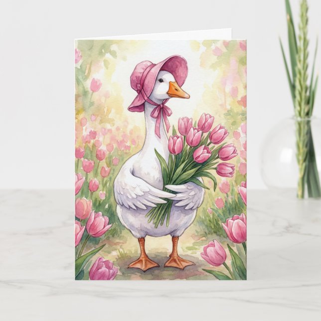 Carte Mère l'Oie avec des tulipes roses (Devant)