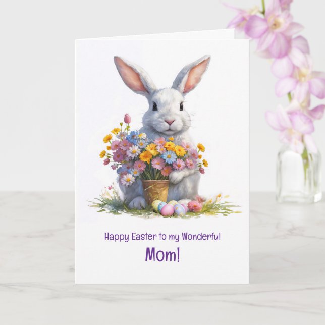 Carte Mère Maman Joyeuses Pâques avec un lapin mignon  (Orchidée)