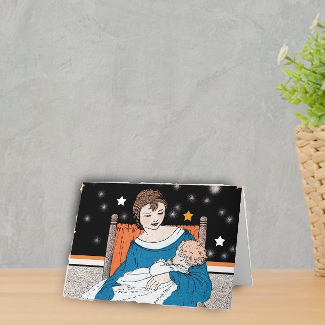 Carte Mère tenant son bébé dans une chaise orange Étoile (Loving mother holding baby sitting in orange chair with twinkle stars on notecard.)
