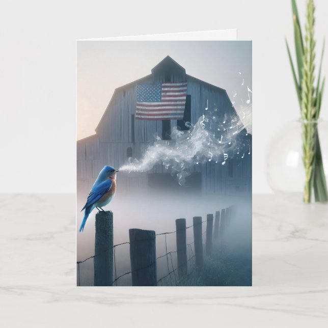 Carte Merle bleu chantant sur un poteau de clôture de fe (Devant)