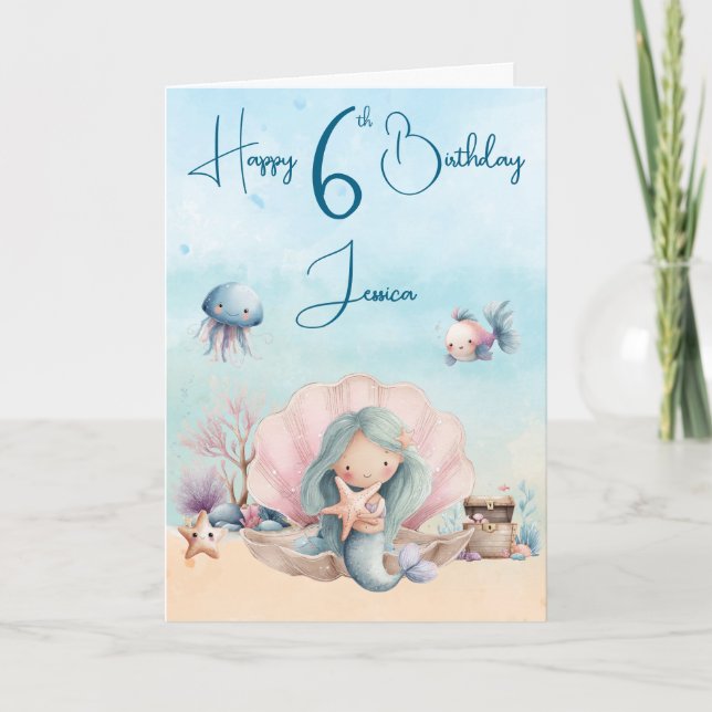 Carte Mermaid 6th Birthday Folded Greeting Card (Devant)