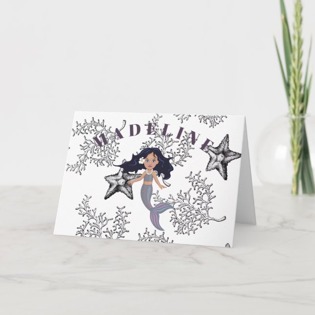 Carte Mermaid Cute Cheveux Sombre Sous La Mer Anniversai (Devant)