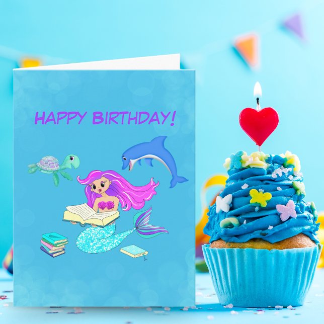 Carte Mermaid Étincelant Lecture Livres Joyeux Anniversa (Wishing you a magical birthday filled with sparkling adventures and enchanting stories.)