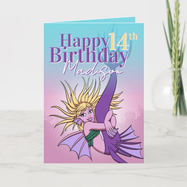 Carte Mermaid mignonne violet caricature fille 14e anniv (Devant)
