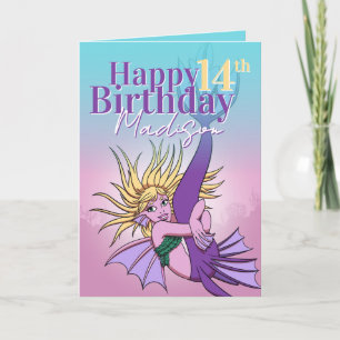 Carte Mermaid mignonne violet caricature fille 14e anniv