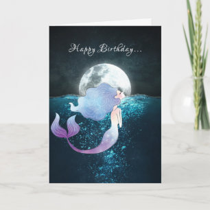 Carte Mermaid Nage avec une Pleine lune Plage Anniversai