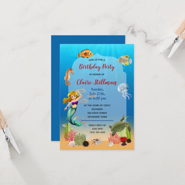 Carte Mermaid Under Sea Adventure Anniversaire Invitatio (Devant/Arrière en situation)