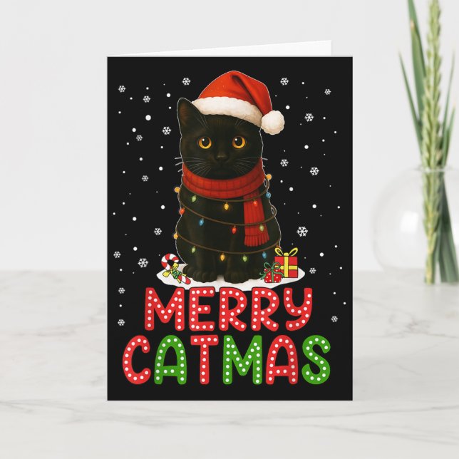 Carte Merry Catmas Santa Hat Funny Black Cat Christmas W (Devant)