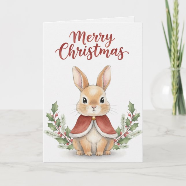 Carte Merry Christmas Bunny Card Cute Rabbit in Red Cape (Devant)