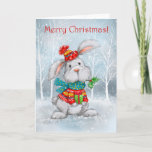 Carte Merry Christmas, Cute Rabbit with Winter Clothing<br><div class="desc">Cute rabbit wearing colorful winter clothing and a and holding a christmas present in snowy forrest,  Merry Christmas.</div>
