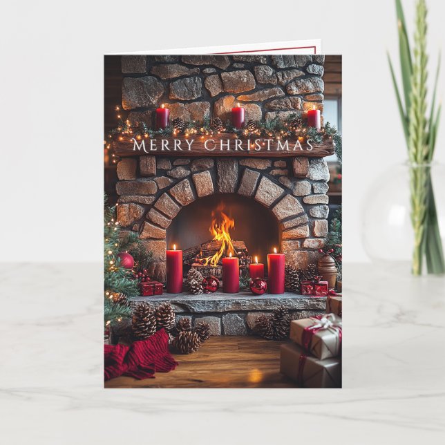 Carte Merry Christmas  Fireplace Red Candles Pine Cones (Devant)
