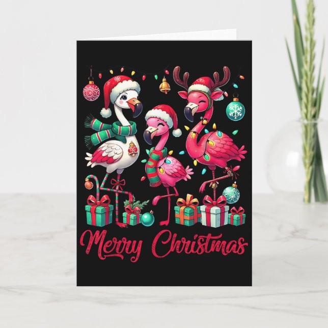 Carte Merry Christmas Lights Flamingo Santa Hat Snow Xma (Devant)
