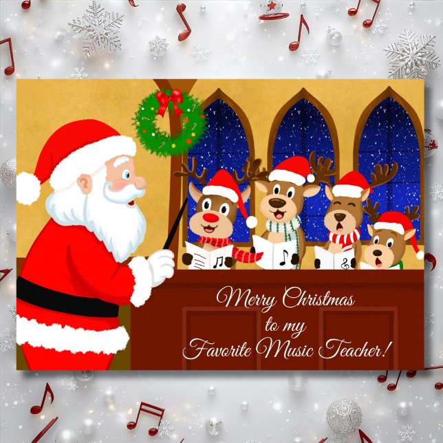 Carte Merry Christmas Music Teacher Santa with Reindeer (Créateur téléchargé)