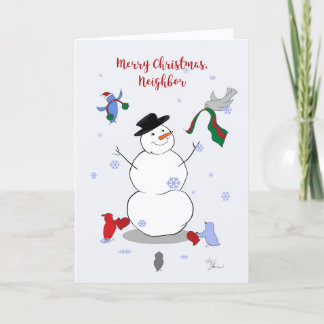 Carte Merry Christmas Neighbor Card Cozy Snowman Birds