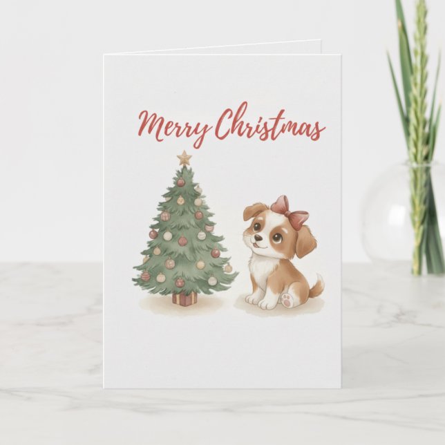 Carte Merry Christmas Puppy Card Cute Dog with Tree (Devant)