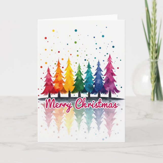Carte Merry Christmas Rainbow Trees Watercolor (Devant)