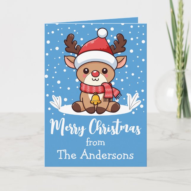 Carte Merry Christmas Reindeer With Santa Hat Custom (Devant)