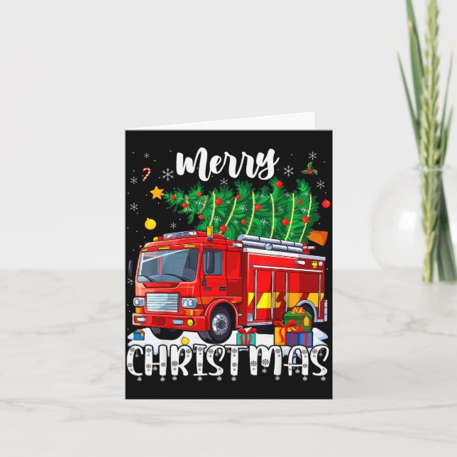 Carte Merry Christmas Tree Firetruck Pajama Firefighter  (Devant)