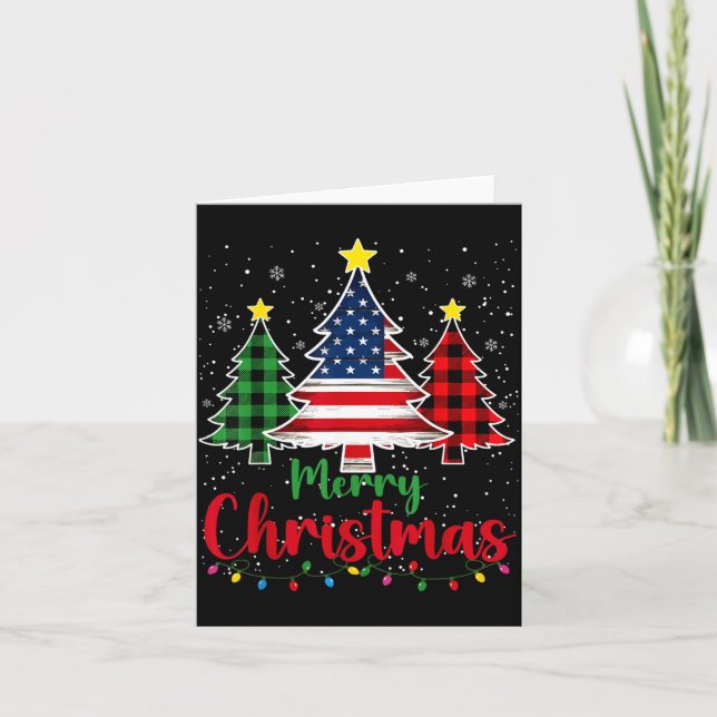 Carte Merry Christmas Tree Plaid Us Flag Snowflake Xmas  (Devant)