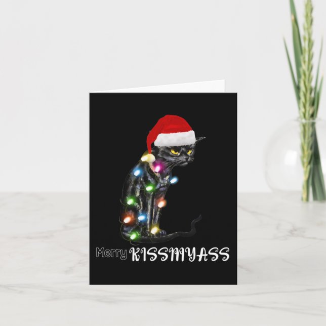 Carte Merry Kissmyass amusant Chat lumières de Noël (Devant)