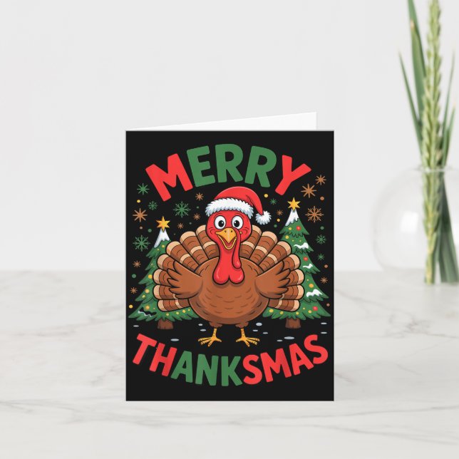 Carte Merry Thanksmas Turkey Santa Hat Christmas Tree Fa (Devant)