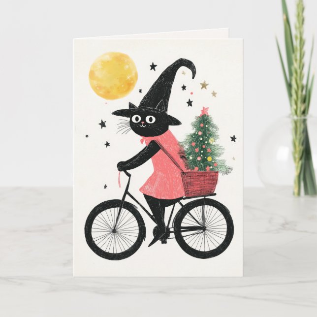 Carte Merry Witchmas Cyclisme Chat noir Quirky Noël (Devant)